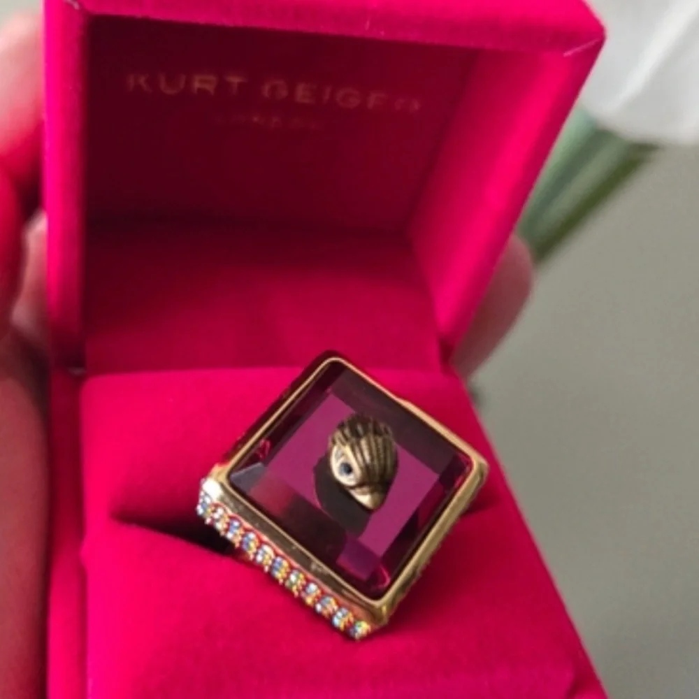 Kurt Geiger Gold and Deep Red Ring With Rhinestones Sz 8